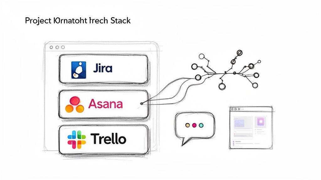 Diagram showing project management tools Jira, Asana, and Trello integrated into a project stack system.