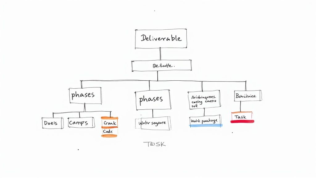 A handwritten flowchart illustrating project management concepts, starting with deliverable and branching into phases and tasks.