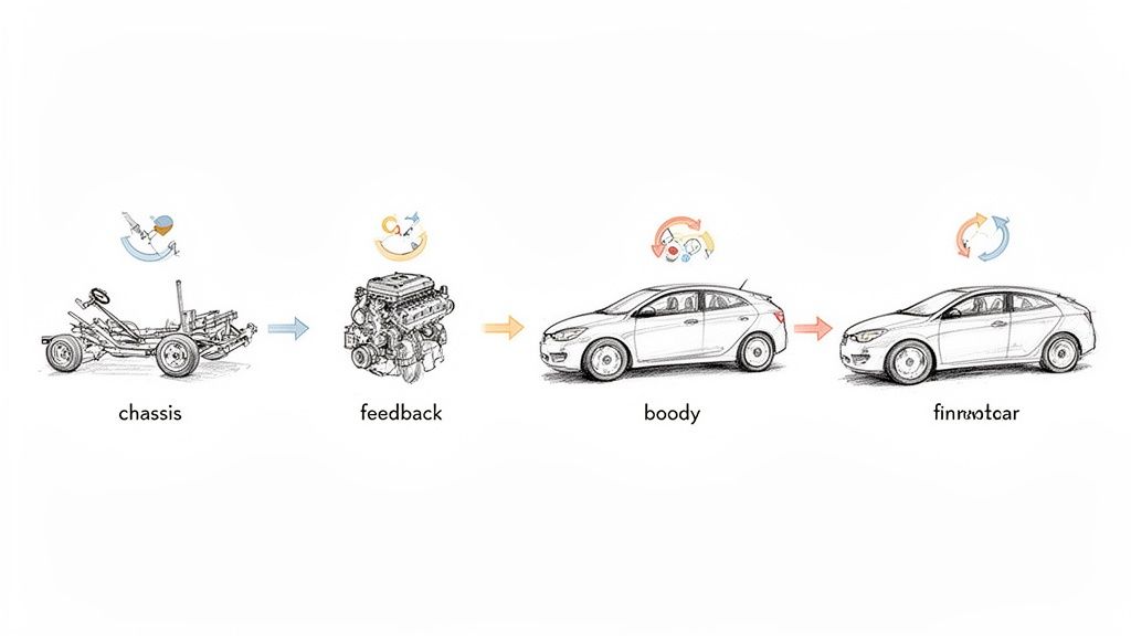 An illustration of the agile car development process, showing stages from chassis to a complete vehicle with feedback loops.
