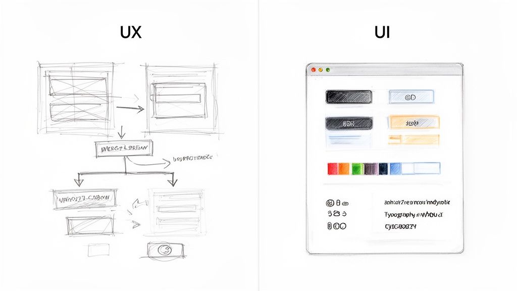 A visual comparison of UX design with wireframes and flowcharts, versus UI design with visual elements and color palettes.