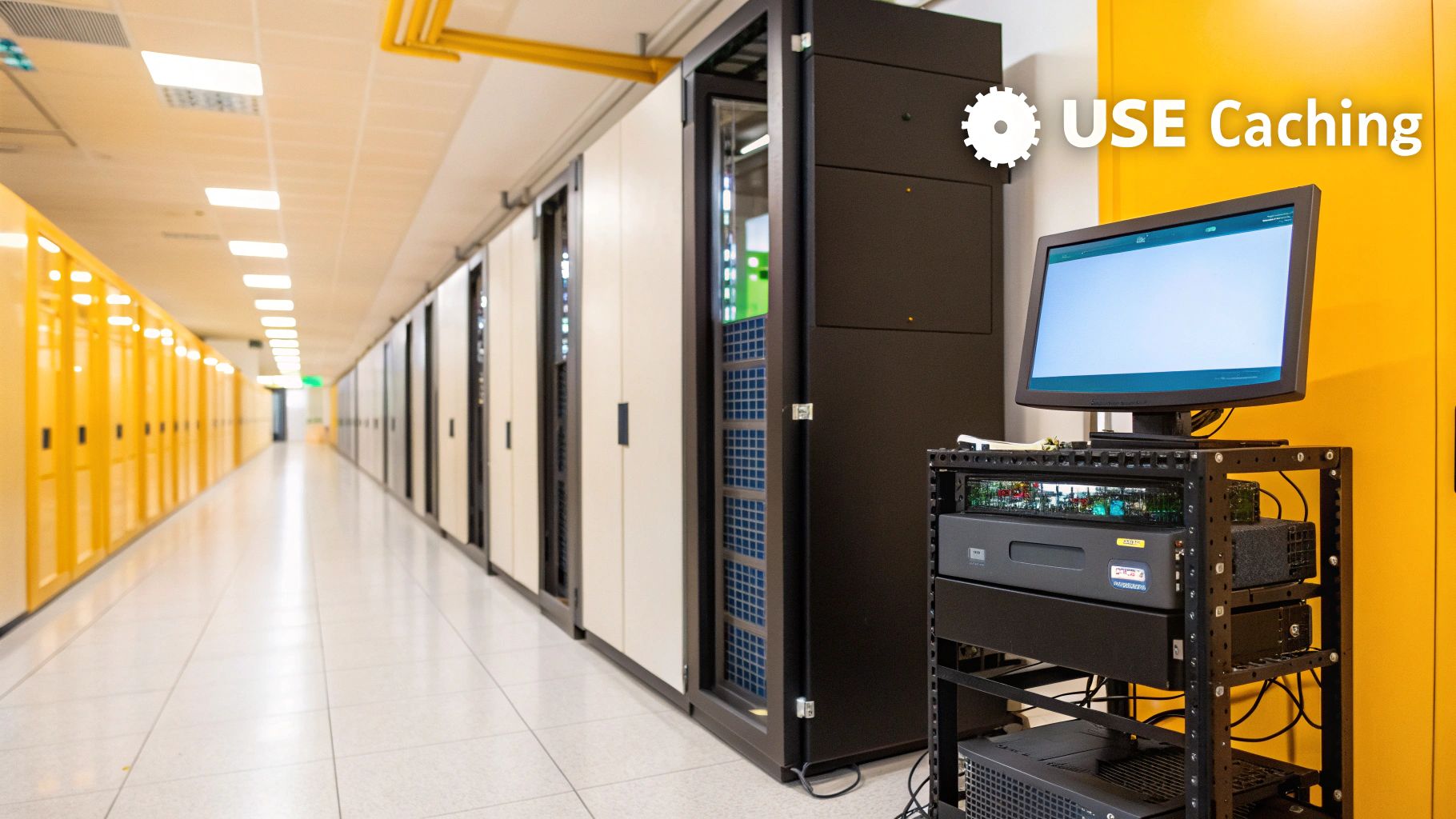 A server room with glowing lights and network cables, representing the website's back-end infrastructure.