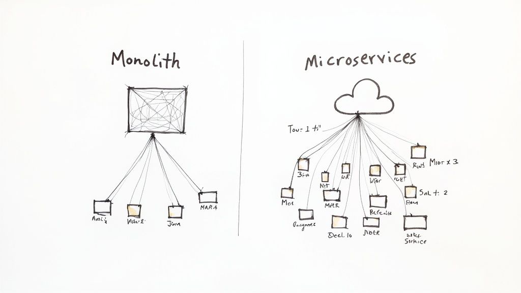 A whiteboard drawing comparing monolithic software architecture to microservices architecture for enterprise applications.