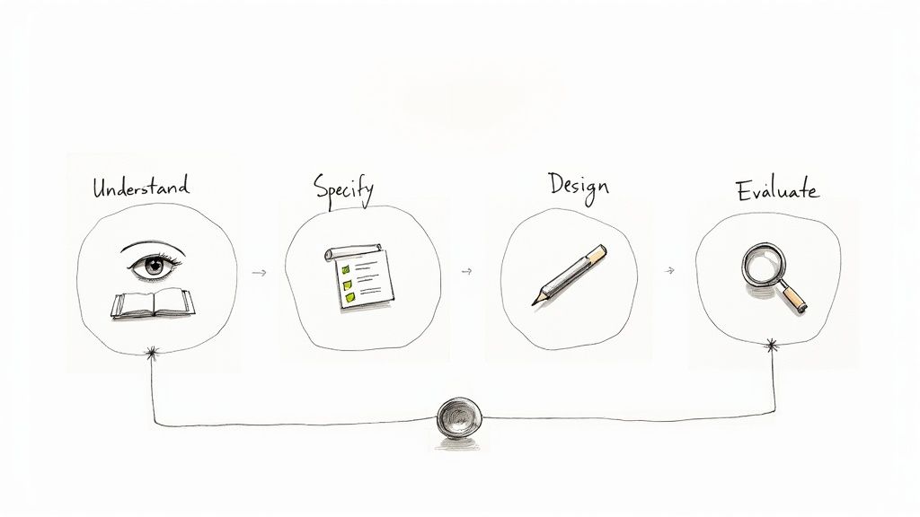 A diagram showing the iterative four-phase cycle of user centered design
