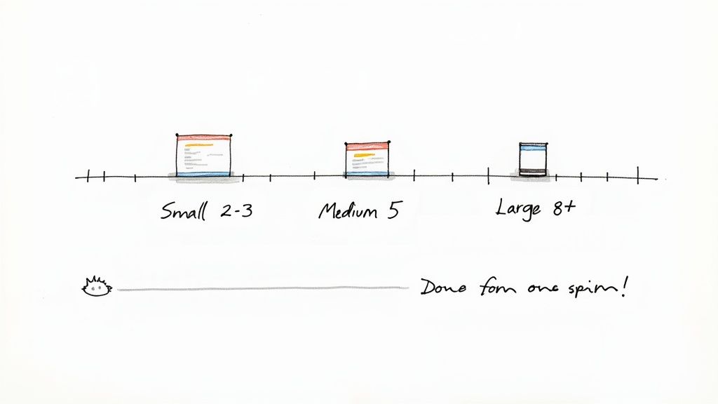 Hand-drawn agile sprint planning scale showing task size estimation categories: Small, Medium, Large.
