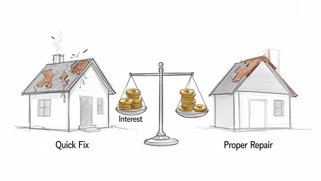 Cartoon compares 'Quick Fix' house with damaged roof and higher interest costs to 'Proper Repair' house with lower interest.