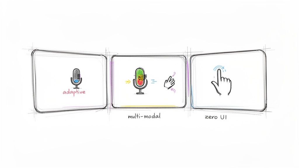 Three sketch-style frames depicting adaptive, multi-modal, and zero UI interaction concepts.