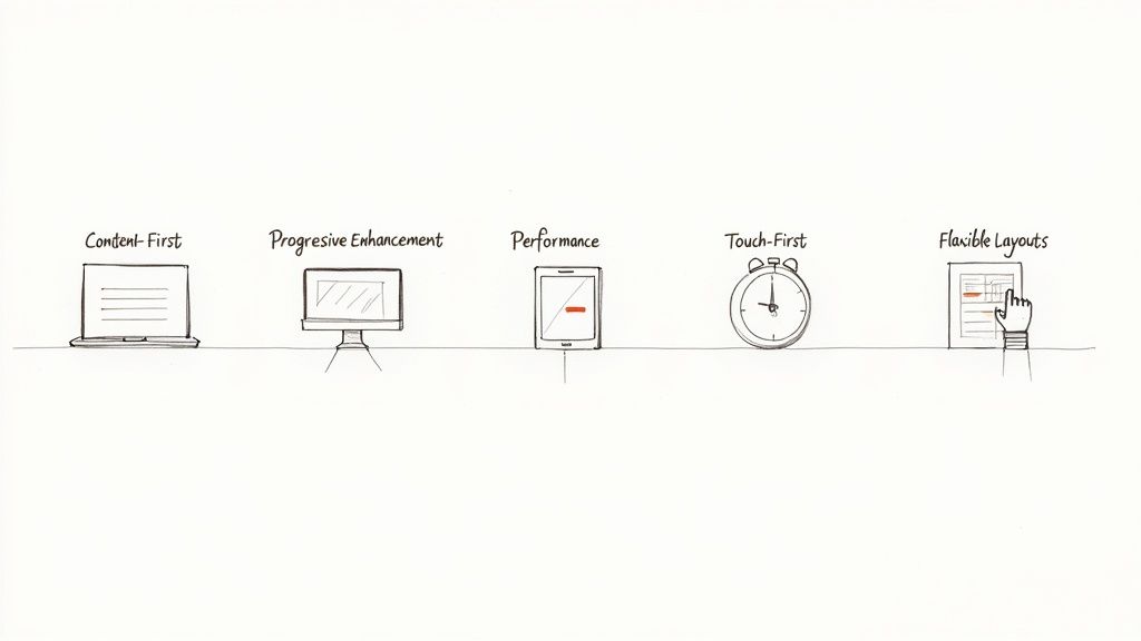Five illustrated icons showing web design principles: content first, progressive enhancement, performance, touch first, and flexible layouts