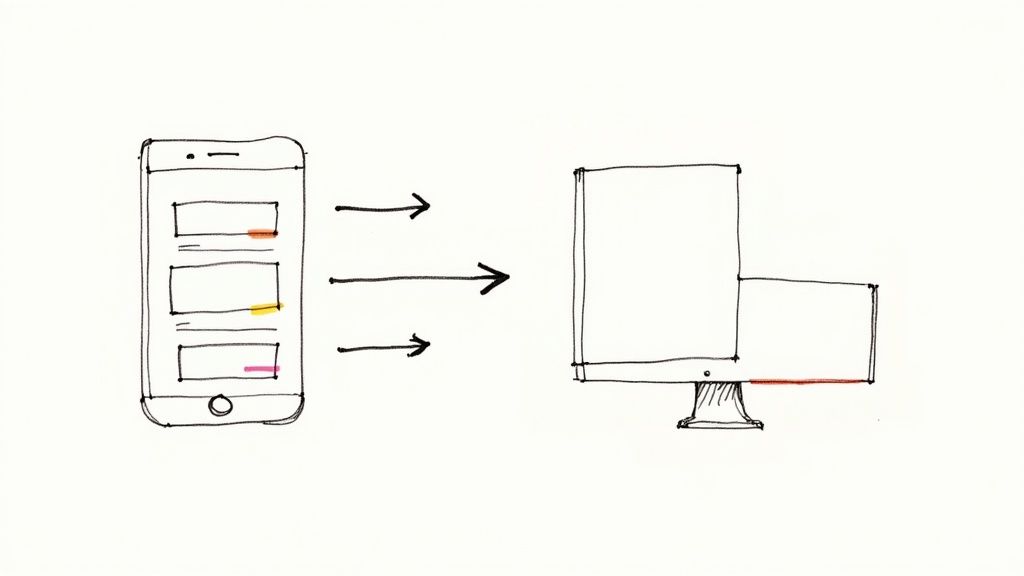 A hand-drawn diagram illustrating content from a smartphone transferring to a desktop computer display.