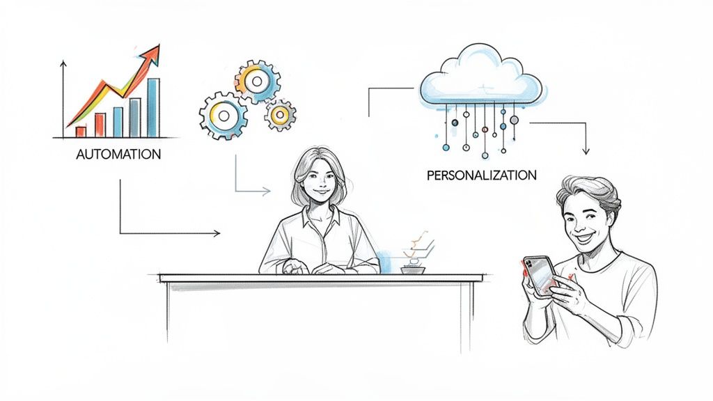 Diagram illustrates automation and personalization, improving processes for a business professional and a happy customer.