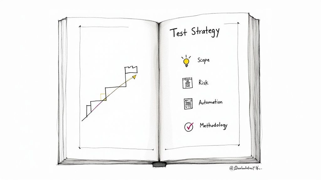 An open notebook illustrating test strategy components: Scope, Risk, Automation, and Methodology.