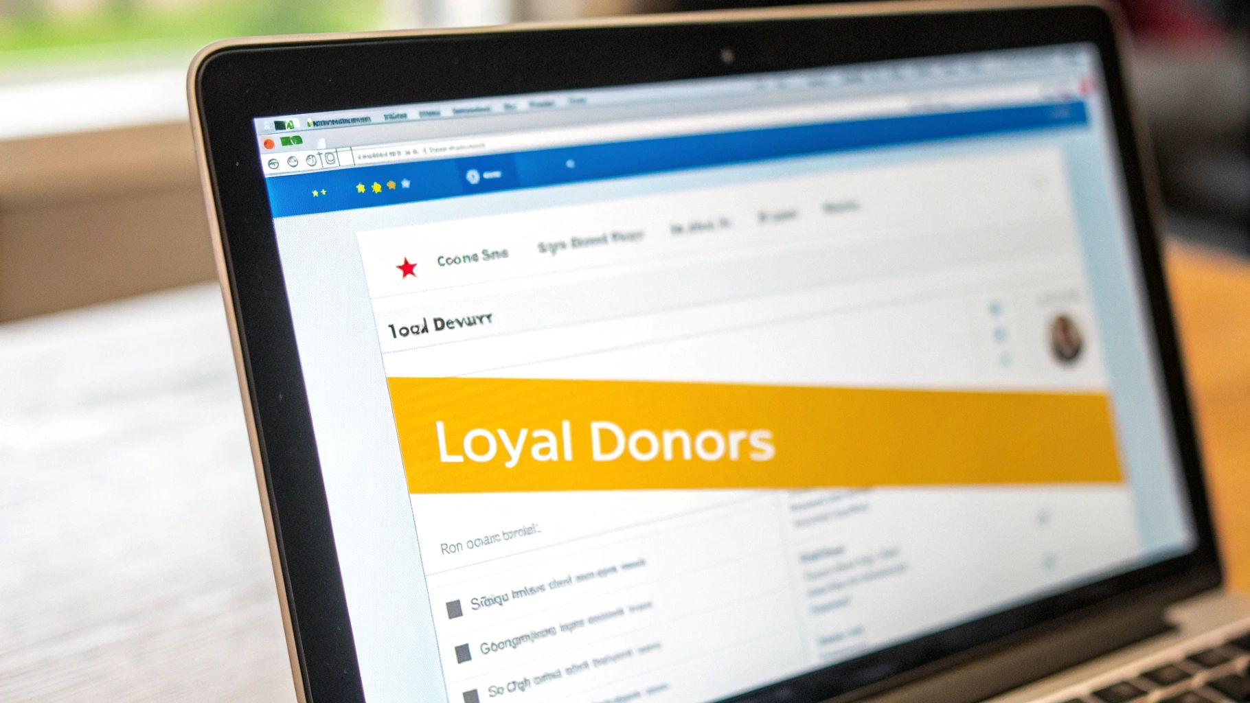A nonprofit staff member smiling while designing an email marketing campaign on a laptop, with a warm and engaging layout visible on the screen.