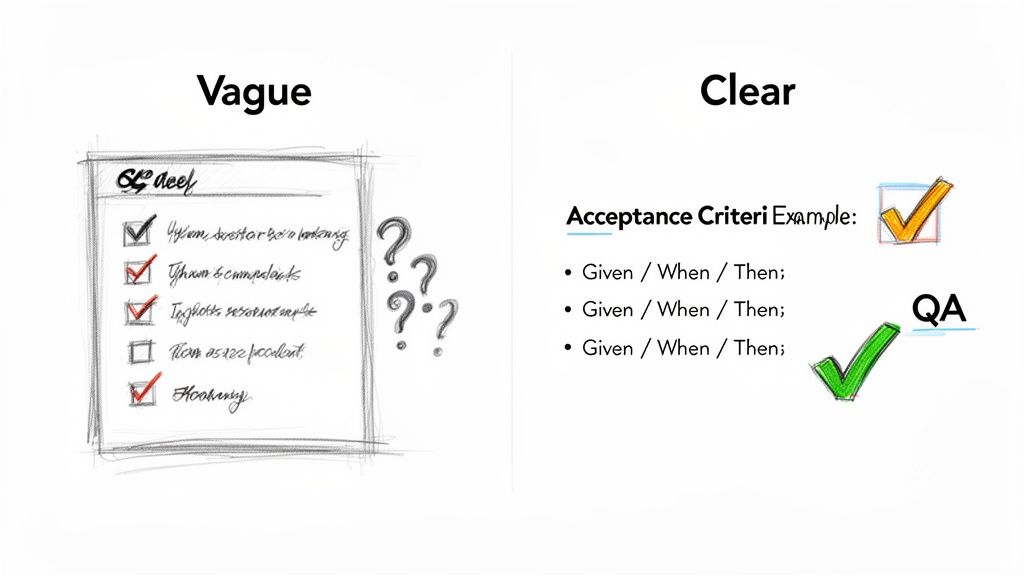 Comparison of vague requirements with question marks versus clear acceptance criteria examples.