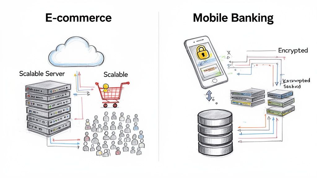 Diagram illustrating technical architectures for scalable e-commerce and secure mobile banking systems.