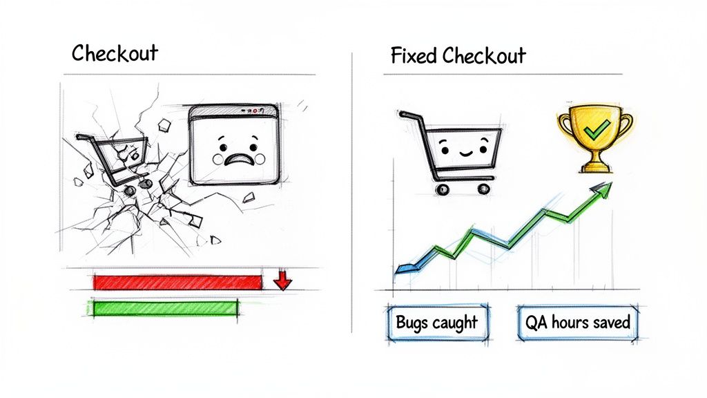 Illustrates a broken checkout versus a fixed checkout, showing improvements like bugs caught and QA hours saved.