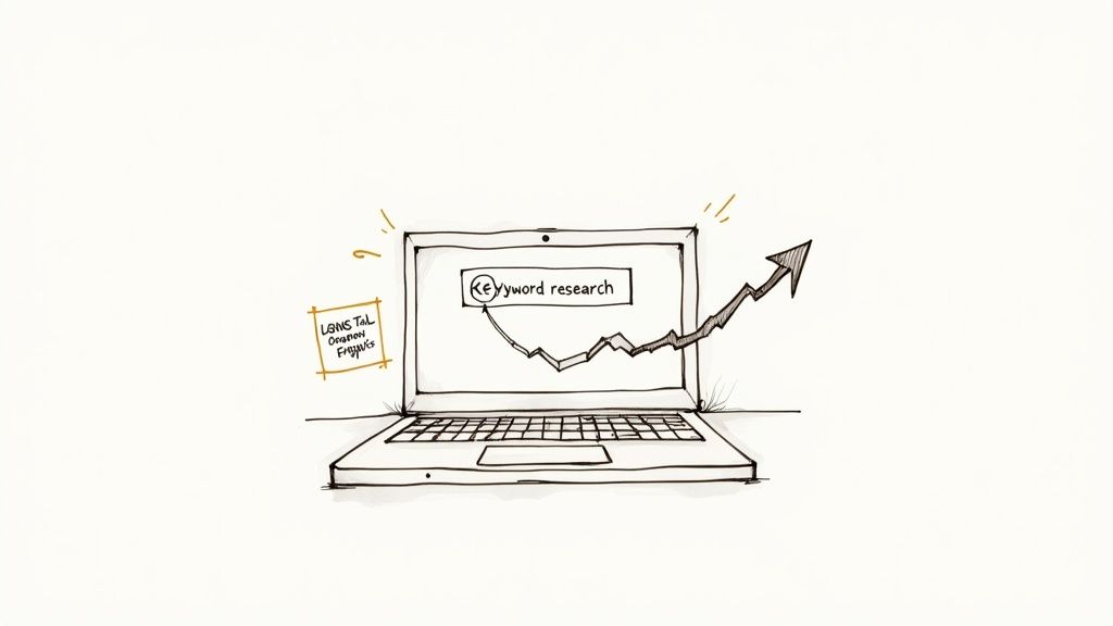 Hand-drawn laptop with 'keyword research' in search bar and a strong upward growth graph.