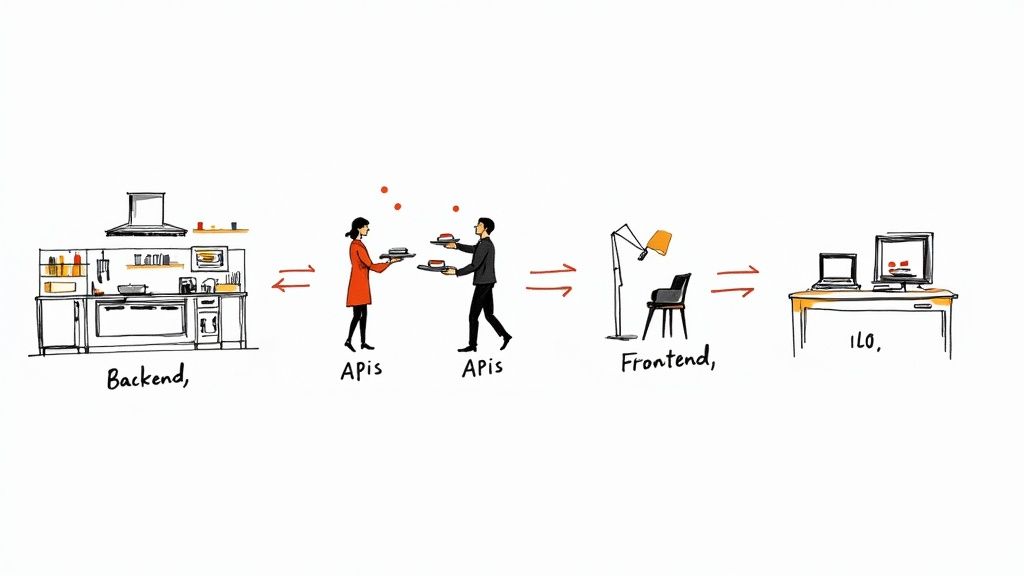 Illustration showing the flow from Backend (kitchen) through APIs (people serving) to Frontend (UI desk) and user devices.