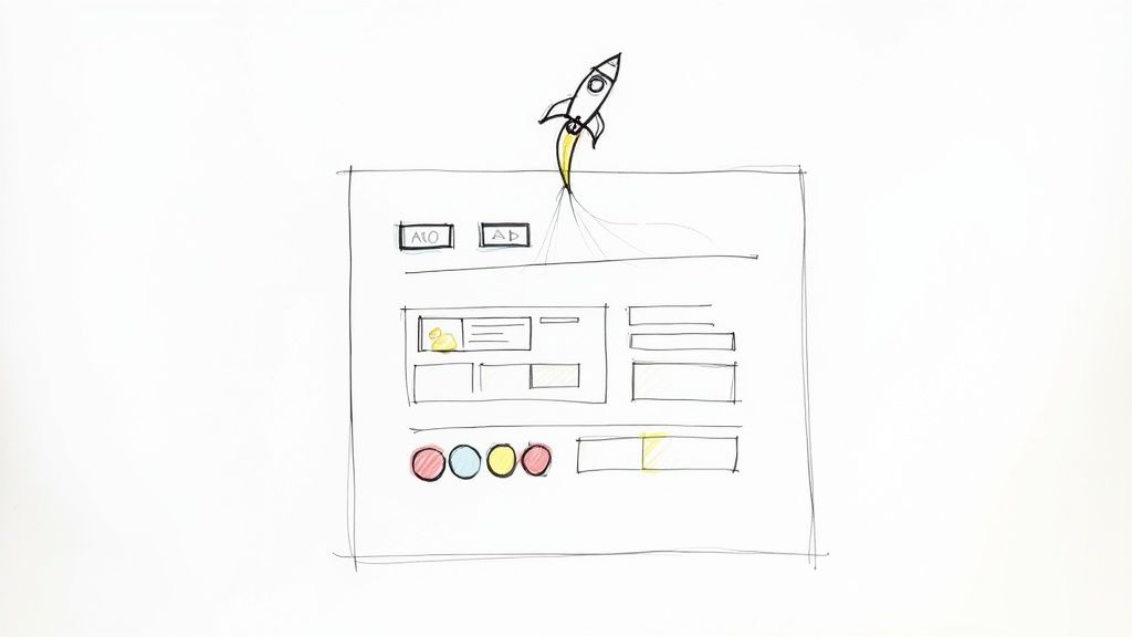 A hand-drawn sketch of a mobile app interface with a rocket launching, symbolizing development.
