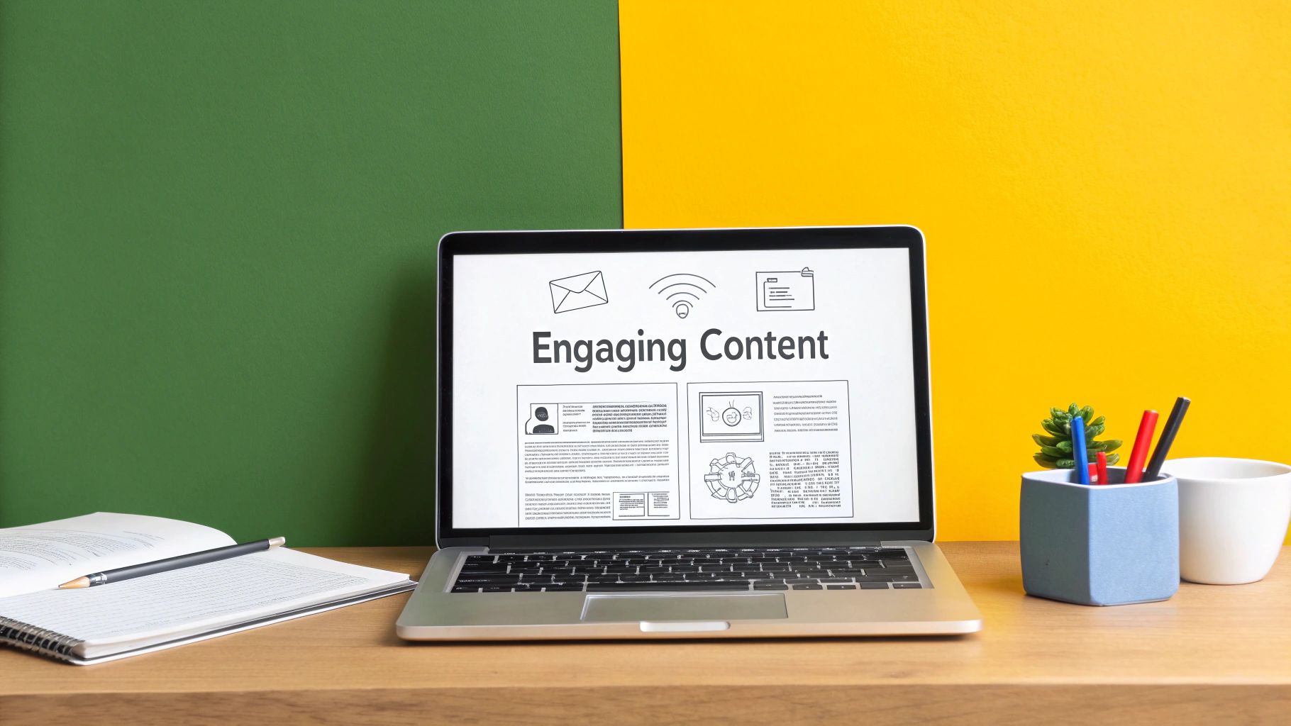 A group of diverse creatives collaborating around a table, brainstorming content ideas with colorful sticky notes and a laptop, showcasing a vibrant and strategic planning session.