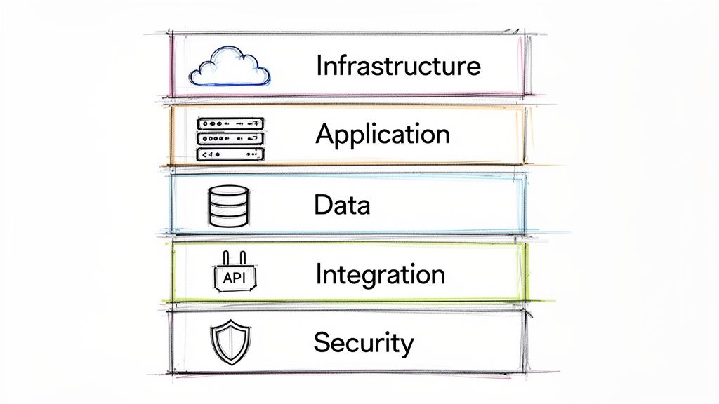 A diagram illustrating five layers of technical architecture: Infrastructure, Application, Data, Integration, and Security.
