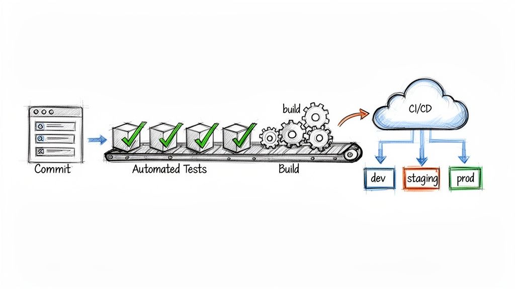 A CI/CD pipeline diagram showing code commit, automated tests, build, and deployment to dev, staging, and production environments.