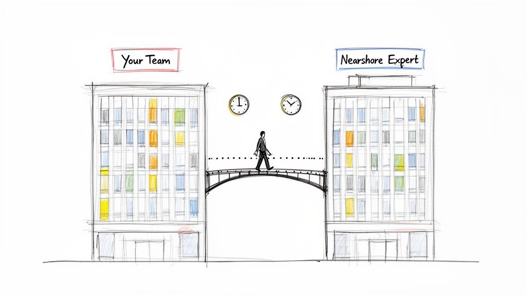 A person walks across a bridge connecting 'Your Team' and 'Nearshore Expert' buildings, with clocks showing time difference.