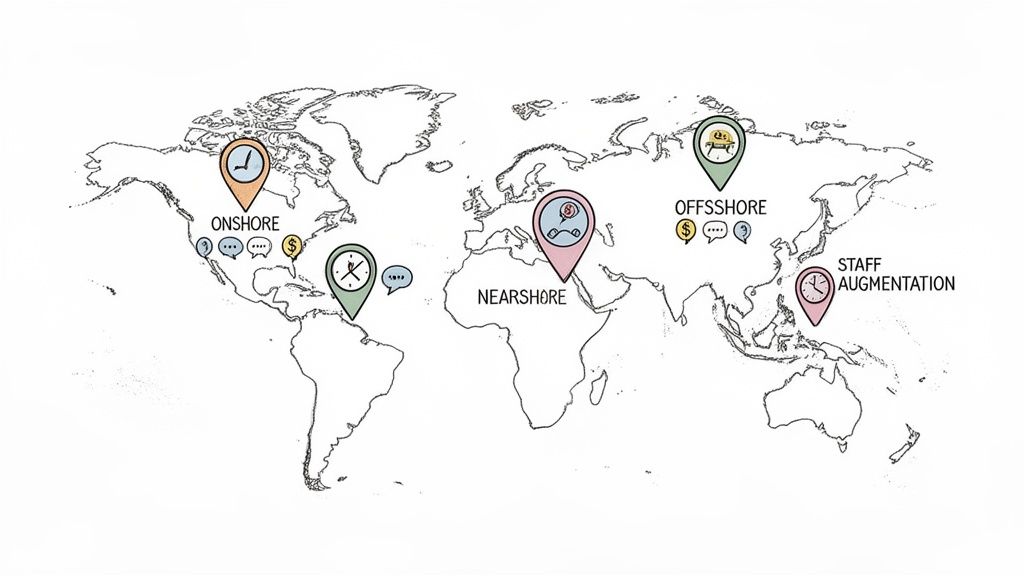 World map illustrating global outsourcing models like onshore, nearshore, offshore, and staff augmentation with various icons.