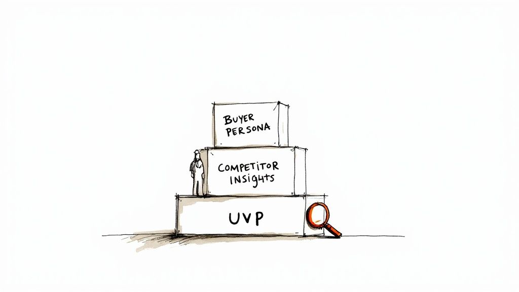 Illustration of a three-tier marketing strategy pyramid: UVP, Competitor Insights, and Buyer Persona.