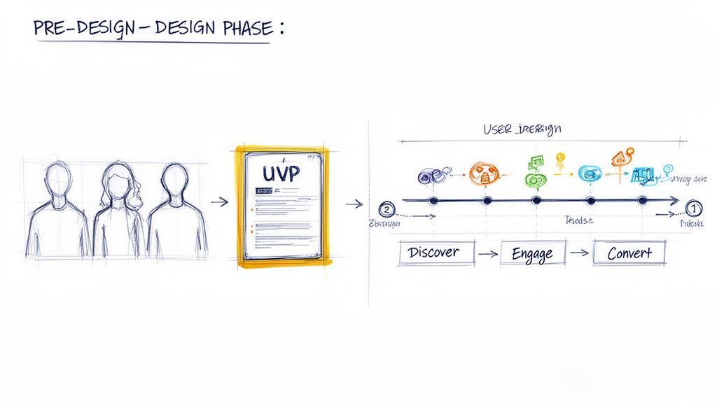Diagram showing pre-design and design phases: user personas, UVP, and user journey steps of discover, engage, convert.