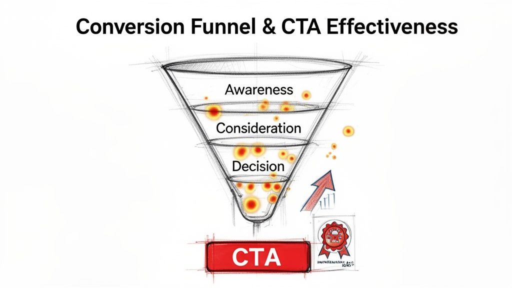 Conversion funnel diagram showing Awareness, Consideration, and Decision stages leading to a Call-to-Action (CTA).