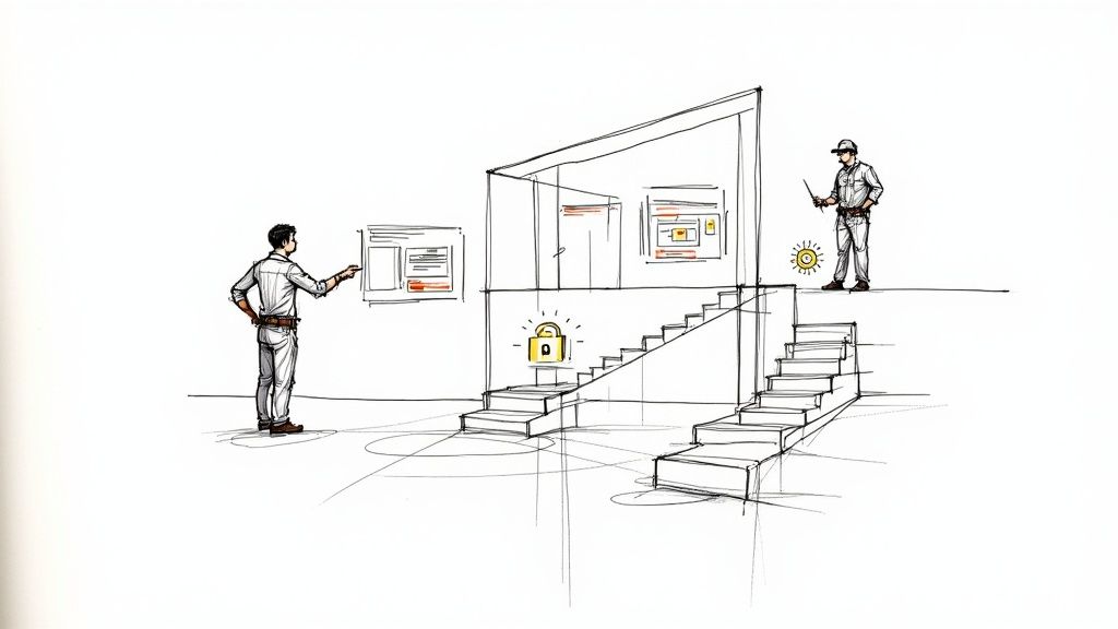 A blueprint of a software application on a table with design tools around it, symbolizing the architectural process of custom development.
