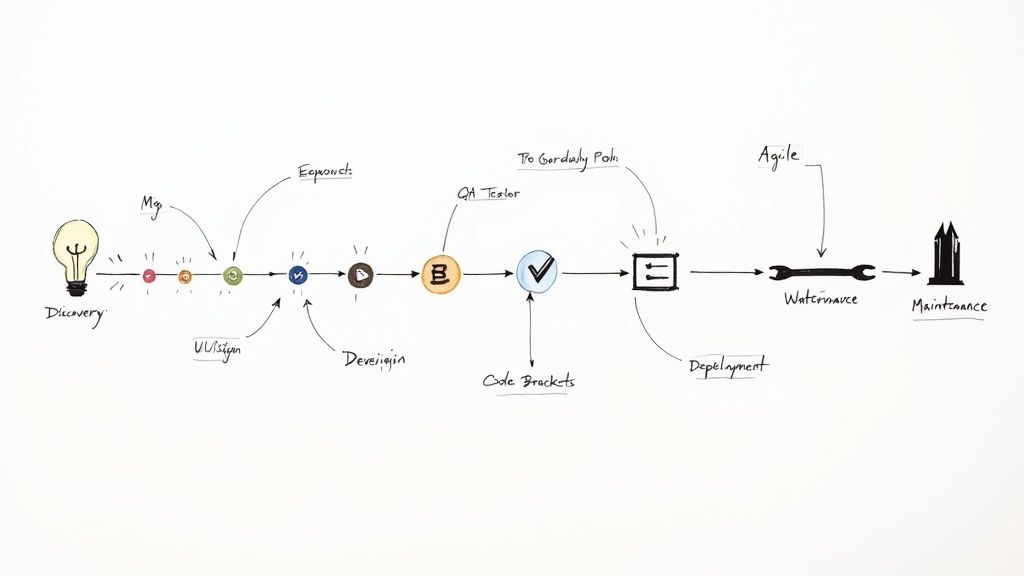A hand-drawn diagram illustrating a linear software development lifecycle, from discovery to maintenance.