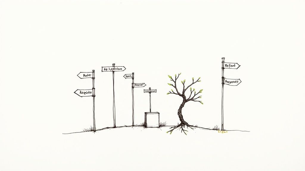 Multiple signposts with French words representing choices, change, and renewal, alongside a tree with visible roots.