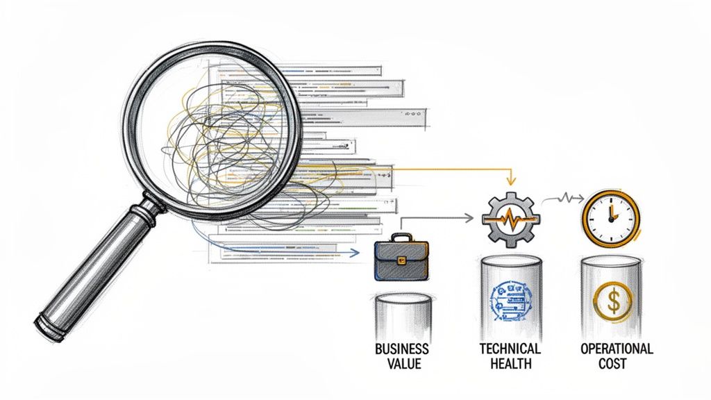 Magnifying glass analyzing complex data leading to insights on business value, technical health, and operational cost.