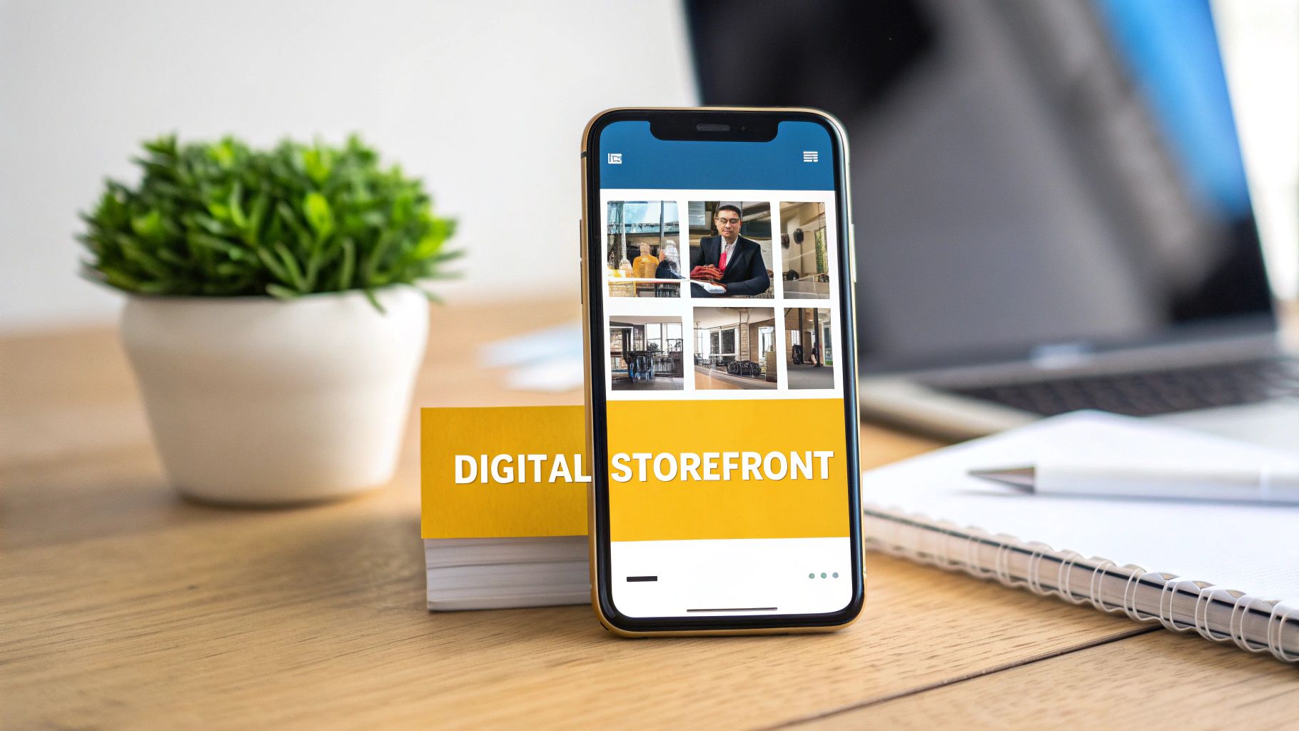 A person's hands holding a smartphone displaying a social media icons, symbolizing a digital storefront.