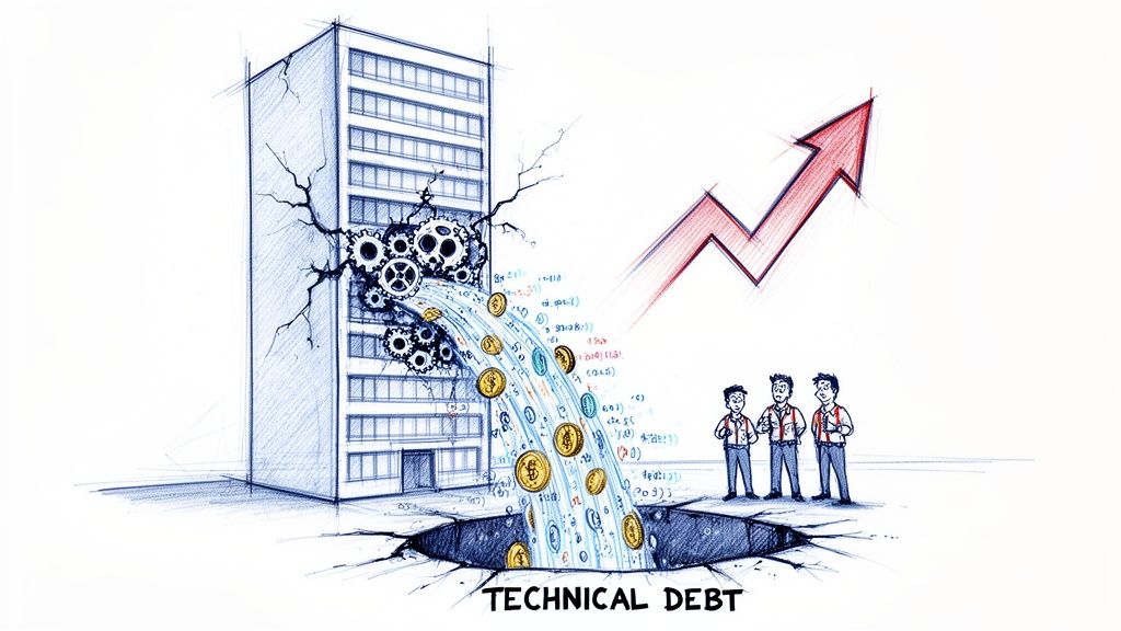 Illustration of technical debt showing a cracked building, money and data flowing into a hole, and a rising arrow.