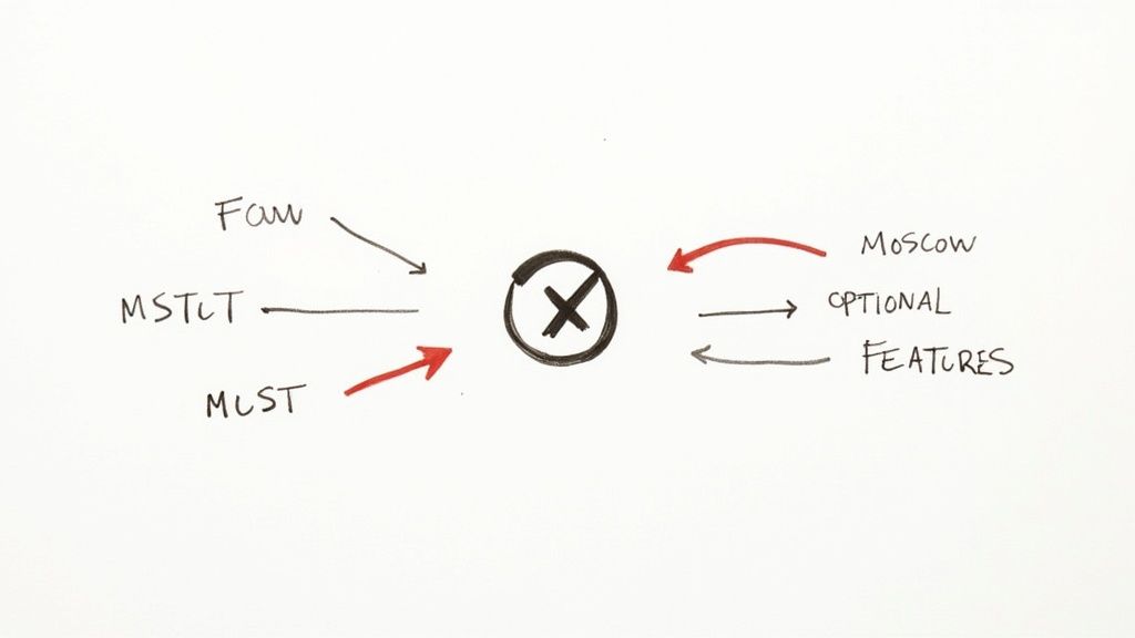 A diagram illustrates a feature prioritization process with 'MUST' and 'Moscow' categories.