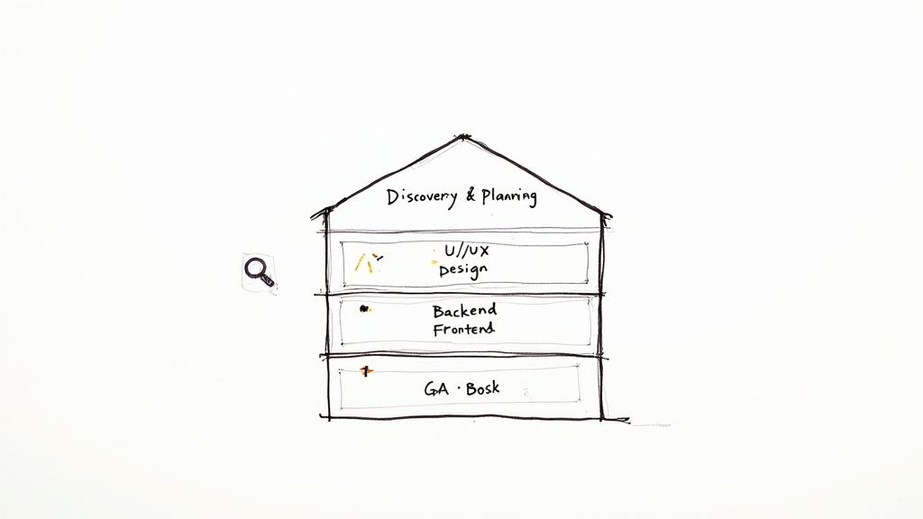 A designer sketching app wireframes on a tablet, surrounded by sticky notes and design tools.
