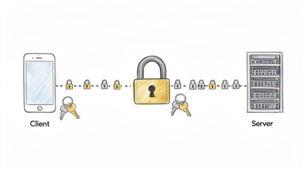 Diagram showing secure data connection between a mobile client and server with encryption locks and keys.