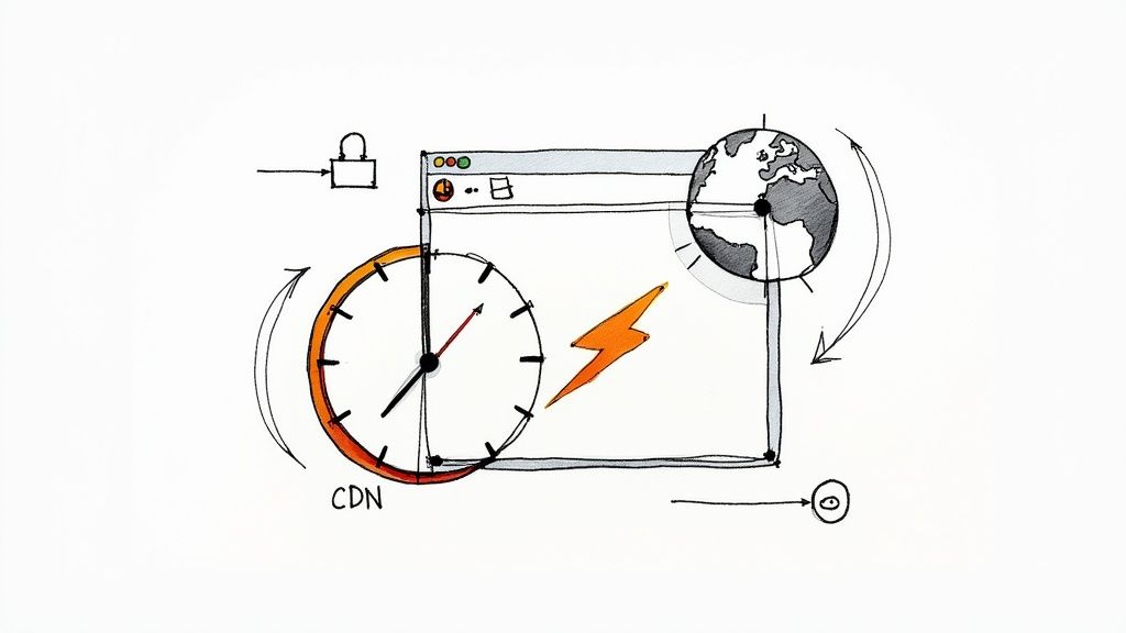 A futuristic speedometer graphic indicating fast website performance