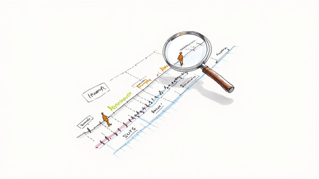 Illustrative diagram of a process timeline, with a magnifying glass examining a specific stage.