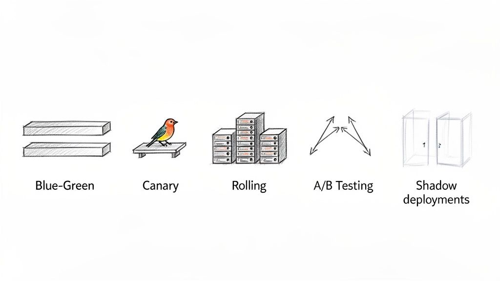 Illustration depicting five software deployment strategies: Blue-Green, Canary, Rolling, A/B Testing, and Shadow deployments.