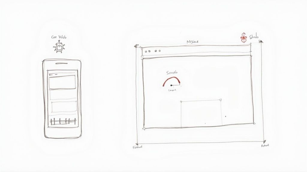 Hand-drawn sketches illustrating a mobile web design and a desktop browser interface with labels.