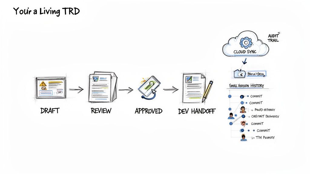 Workflow diagram illustrating the lifecycle of a Technical Requirements Document (TRD), including draft, review, approval, and dev handoff steps, with cloud sync and version history.