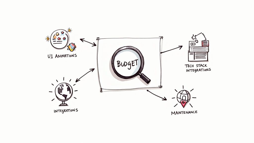 A team discussing software development costs and budget factors on a whiteboard