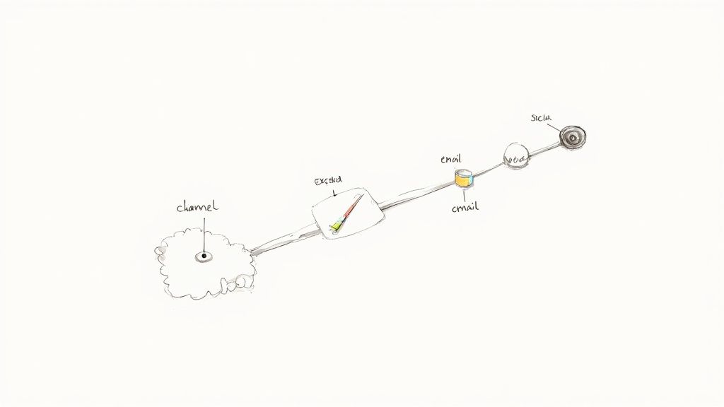 Conceptual sketch illustrating information flow from a channel, through encoding, and via email to 'Sicilia'.