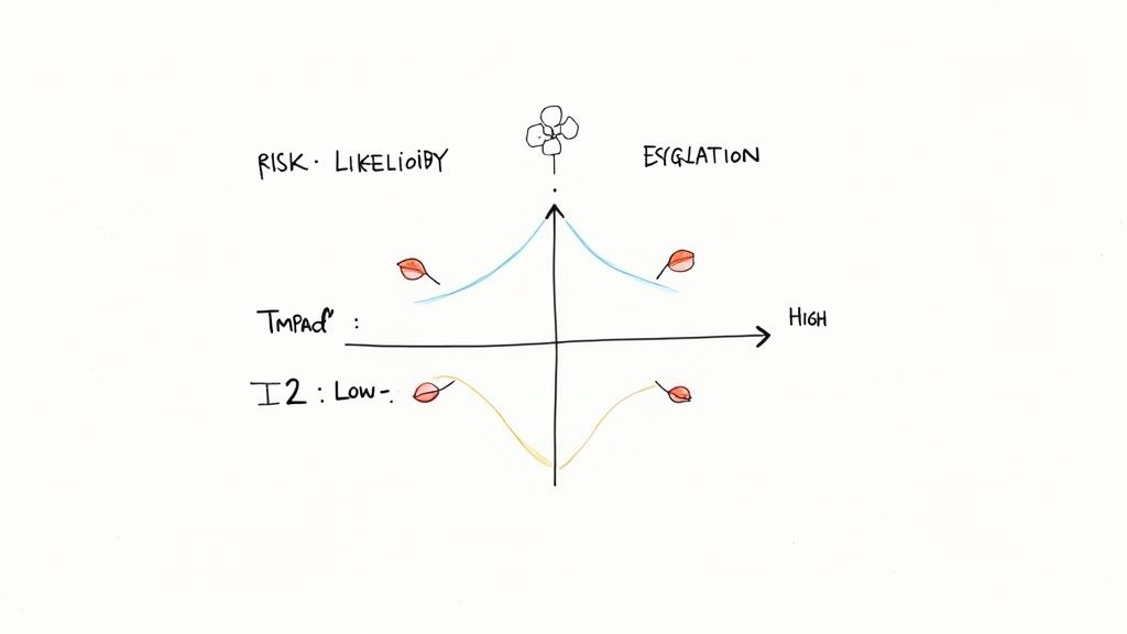 Hand-drawn risk assessment matrix diagram showing likelihood, impact, and escalation factors with curves and leaves.