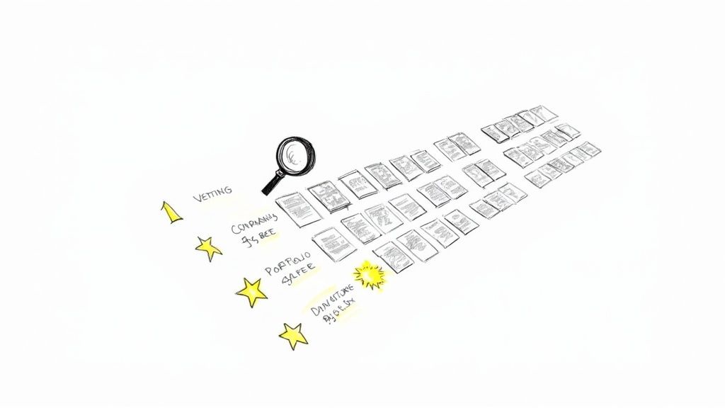 A magnifying glass hovering over a world map, symbolizing the search for a global software development partner.