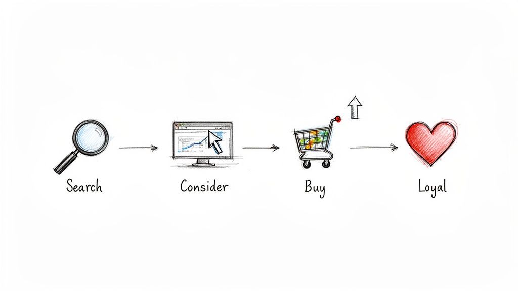 A hand-drawn customer journey map illustrating search, consider, buy, and loyal stages with icons and arrows.