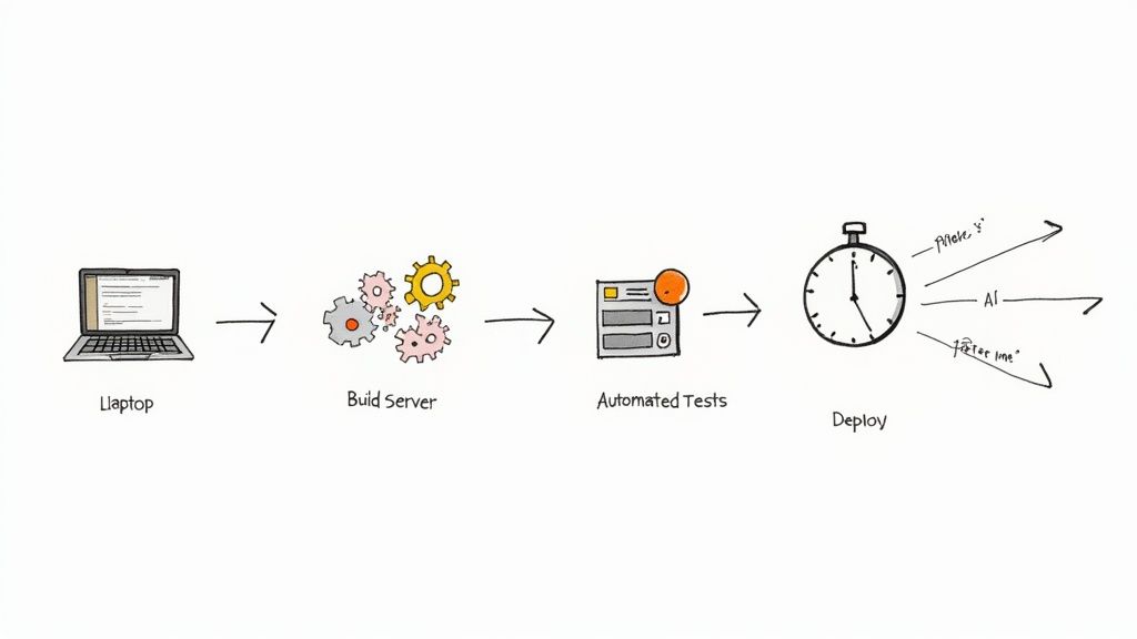 A diagram illustrates the software development pipeline from laptop coding to build, automated testing, and fast deployment.