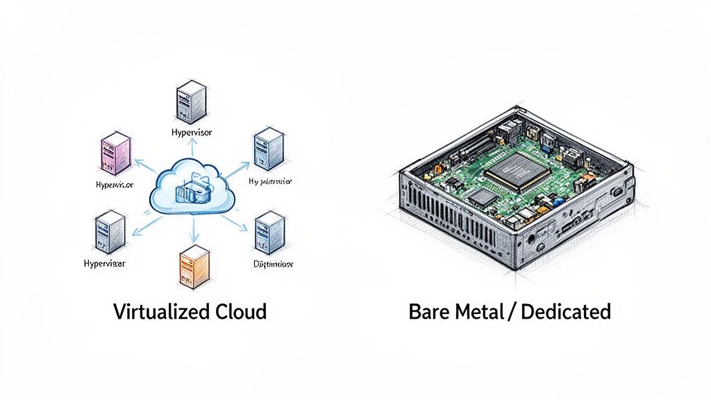 Diagram comparing virtualized cloud infrastructure with multiple hypervisors to a bare metal dedicated server.